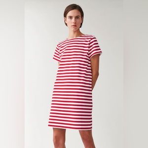 COS Red and White Striped Short-Sleeve Midi Dress
